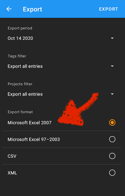 Excel export